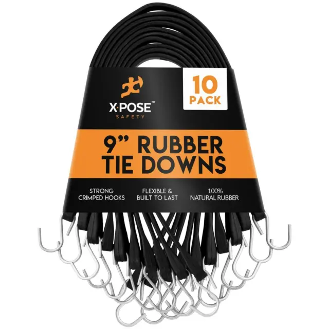 Rubber Bungee Cords with Hooks 10 Pack 9 Inch Heavy-Duty Black Tie Down Straps