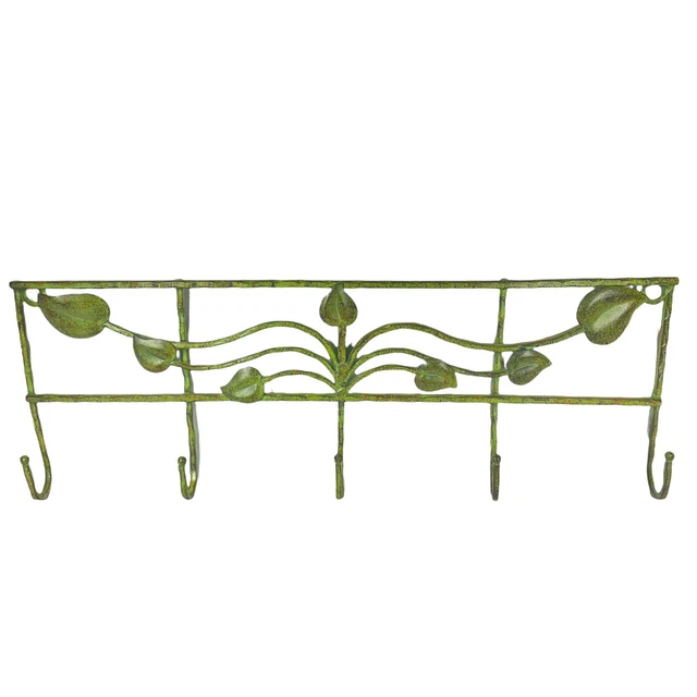 Wrought Iron Kitchen Towel Rack or Coat Hat Key Wall Mount 5 Hooks Green
