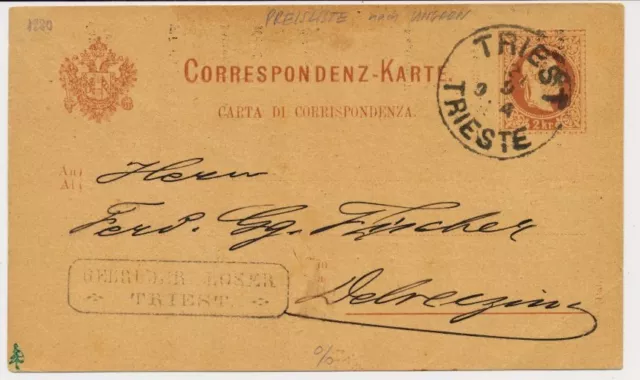 ÖSTERREICH EX PROVERA 1880 2kr Korr-Karte aus TRIEST (Kü) nach UNGARN!