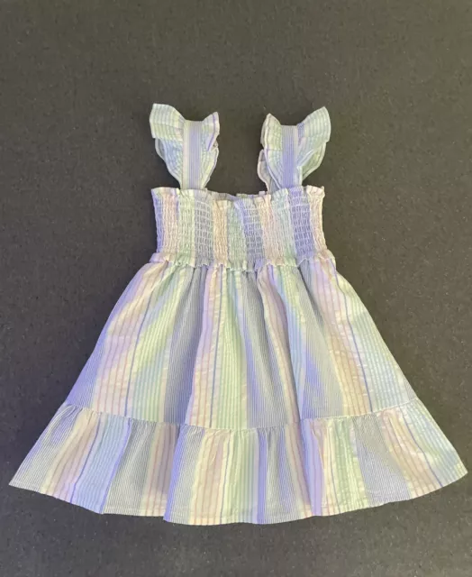 Janie and Jack Girls SunDress 2T Pastel Striped Seersucker Smocked Bodice Ruffle