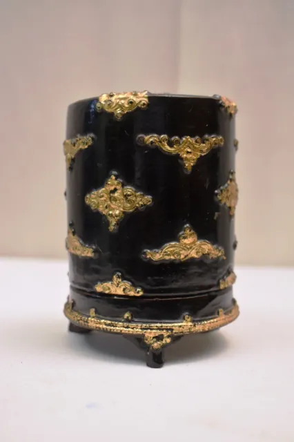 Antique Burmese Betel Box Embossed Gold Design Trinkets Jewellery Box Black Gilt 2