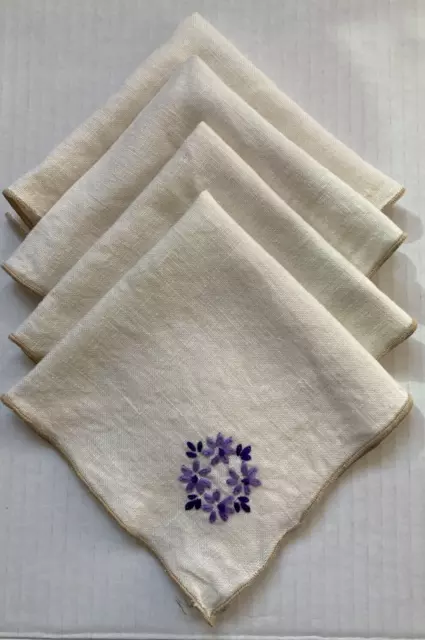 Set of 4 Miniature Linen napkins with Hand Stitched Purple Flower Embroidery