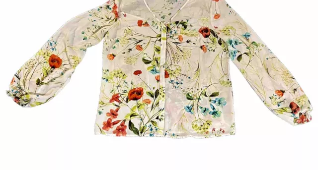 WORTHINGTON Button Up Blouse Multi Color Floral Elastic Sleeves Sz M(452.E) 3