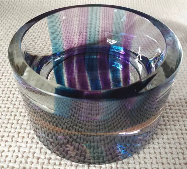 Cobalt Blue & Purple Stripe Heavy Art Glass Candle, Trinket Holder Or Ashtray