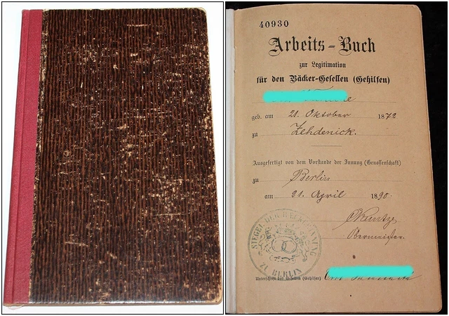 Bäcker - Geselle , Arbeits - Buch , Berlin 1890