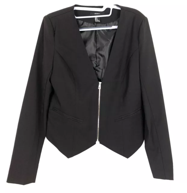 Forever 21 Black Cropped Blazer Jacket Zip Women Size Medium V-Neck Excellent