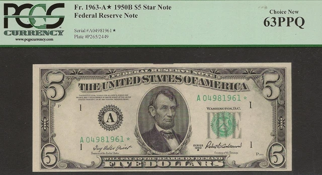 1950B $5 Star Boston Federal Reserve Note - Fr. 1963A* - PCGS Choice New 63PPQ