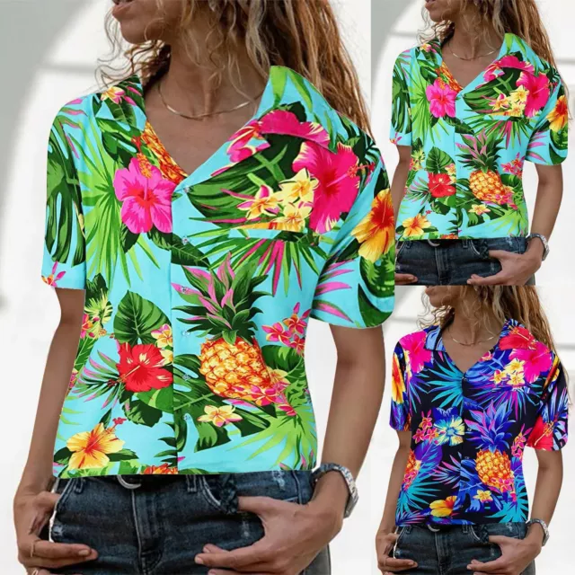 Women Funky Hawaiian Shirt Blouse Frontpocket Leaves Flowers Pineapple Print Top