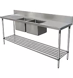 2400x600mm COMMERCIAL DOUBLE MIDDLE BOWL KITCHEN SINK STAINLESS STEEL BENCH E0