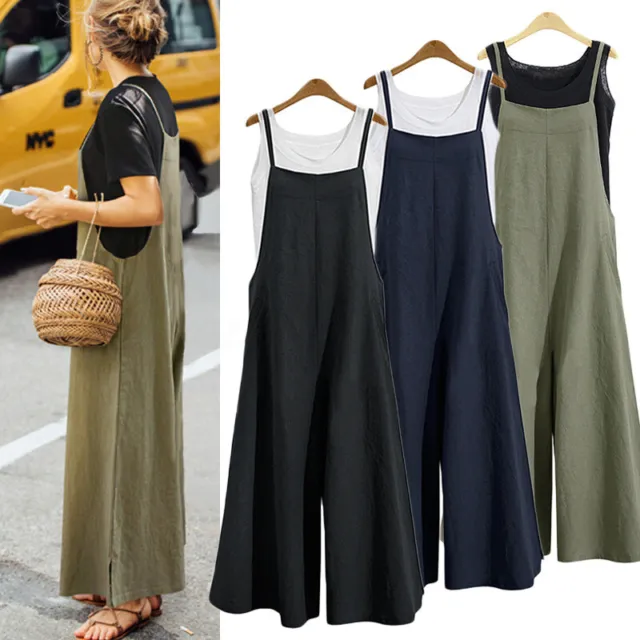 Womens Casual Loose Long Pants Wide Leg Jumpsuits Cotton Linen Playsuit Overalls