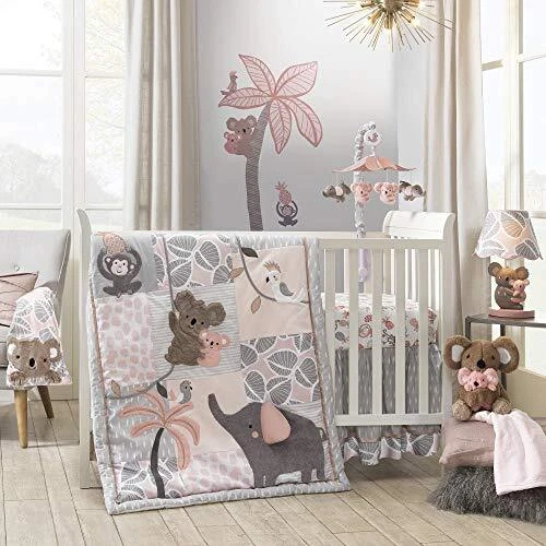Calypso 4-Piece Crib Bedding Set - Pink, Gray, Gold, Animals, Jungle