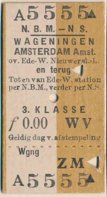 HOLLAND Railway ticket 3rd cl Wageningen - Amsterdam Amst Specimen QYB1106