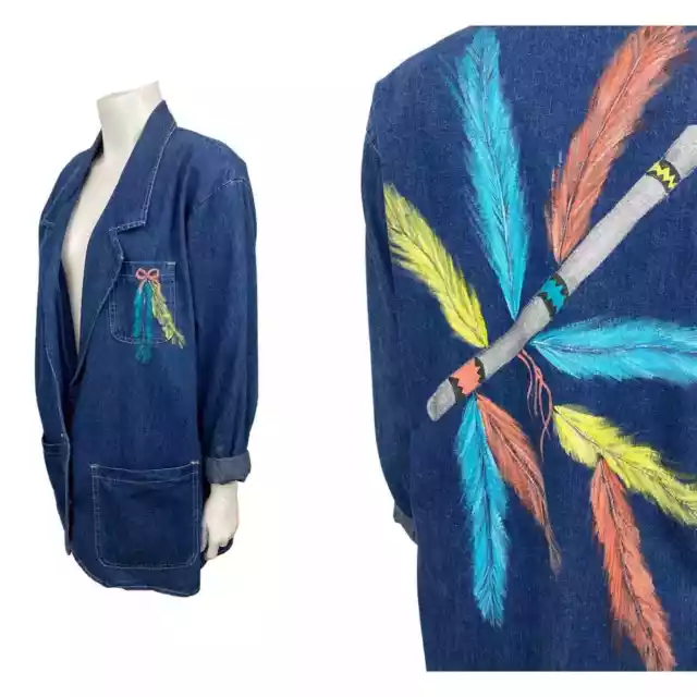 Vintage Hand Painted Feather Denim Shirt Jacket / Oversized Medium