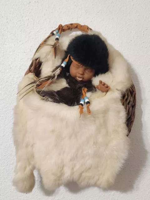Vintage Native American Indian Papoose Baby Porcelain Doll In Wicker Cradleboard