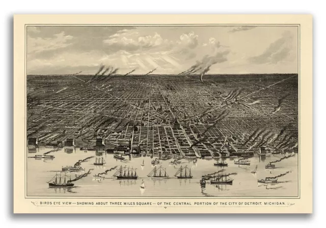 1889 Detroit MI Vintage Old Panoramic City Map - 16x24