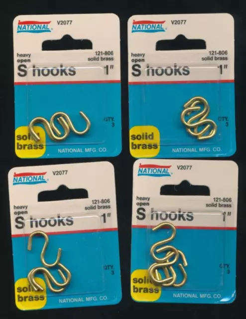 Lot Of 4 3-Pk National Hardware V2077 Heavy Open S Hooks Solid Brass 1" N121-806