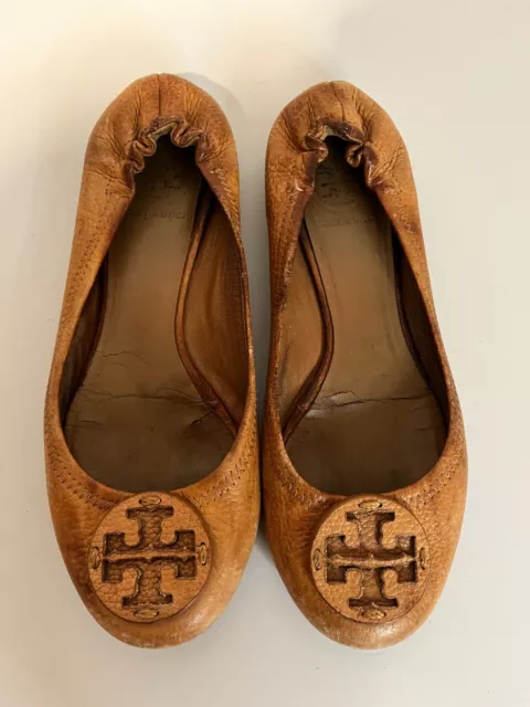 Tory Burch Reva Logo Ballerina Flat Royal Tan Tumbled Leather Shoes Sz 7.5