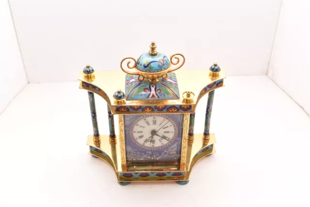 Vintage Rococo Chinese Cloisonne Brass & Enamel Mantle Clock 9” (needs Service)