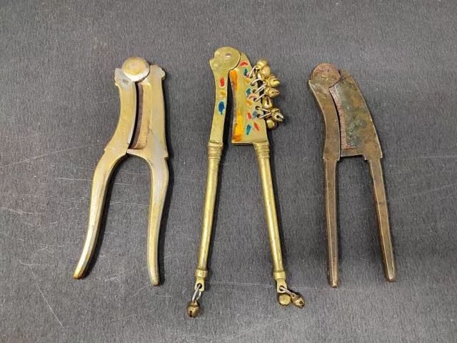 Antique Brass Bells Work Cut Design Betel Nut Cutter Sarota Hand Crafted Old 3pc