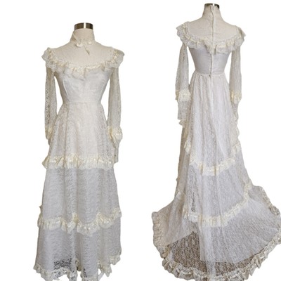 Vintage White Lace Wedding Dress w/ Train Long Sleeve High Neck Handmade Prairie
