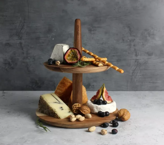 2 Tier Acacia Round Serving Cheese Board Platter Tray Stand with Handle