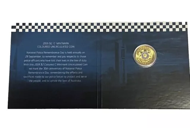 2019 Police Remembrance UNC Coloured C Mintmark $2 Carded Coin. 2