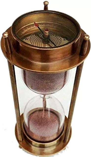 7" Nautical Brass Sand Timer Hourglass with Maritime Brass Compass Table Decorat