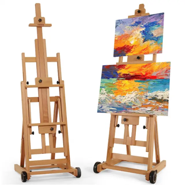 Wooden H-Frame Easel Studio Display Stand with Wheels For Artist Easel Painting 2