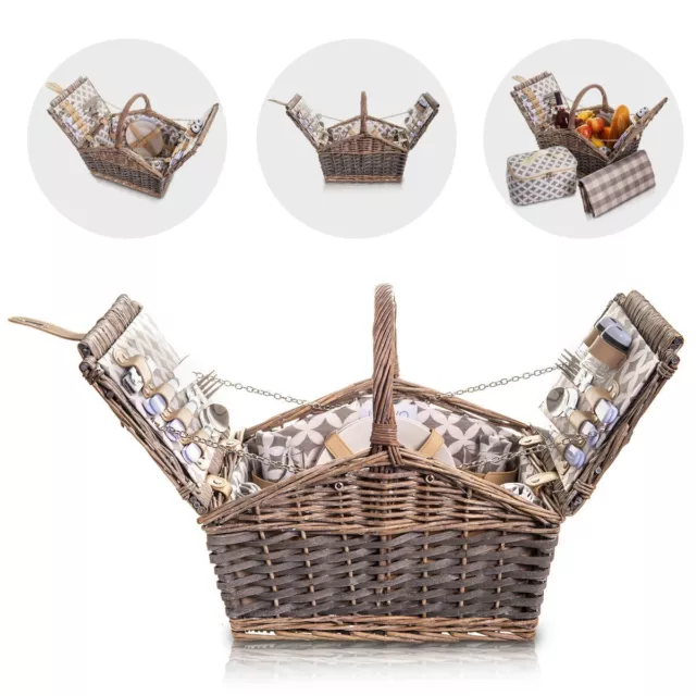 4 Person Luxury Wicker Basket Outdoor Picnic Hamper Set with Rug/Blanket Willow