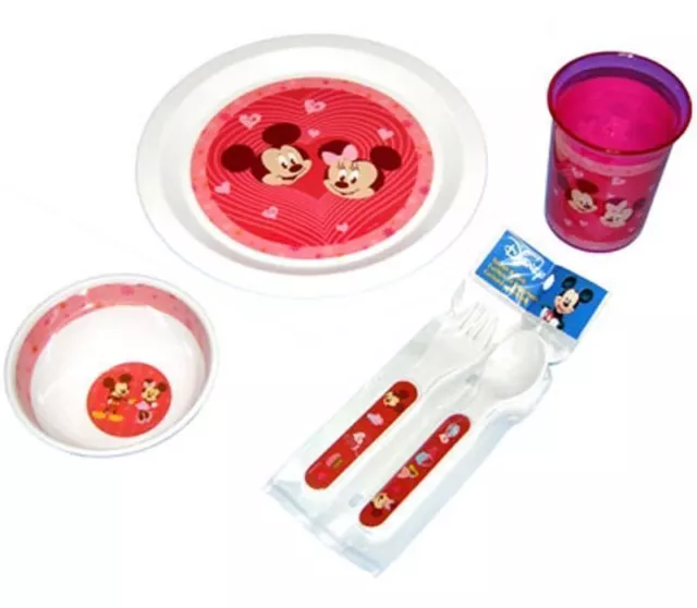 Juego de 5 piezas de comedor tazón taza tenedor cuchara Disney Mickey & Minnie corazones rojos NUEVO 2