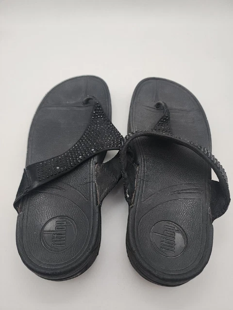 Fitflop Fit Flops Rokkit Leather Black Bling Toe-Post Sandals Slip On Women’s 6