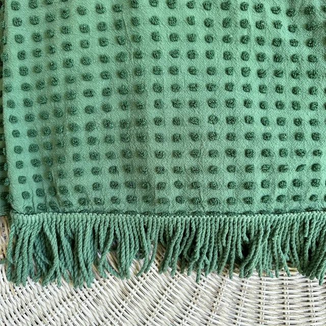 Vintage Morgan Jones Popcorn Chenille Bedspread Full Blanket Fringe Green 89x102