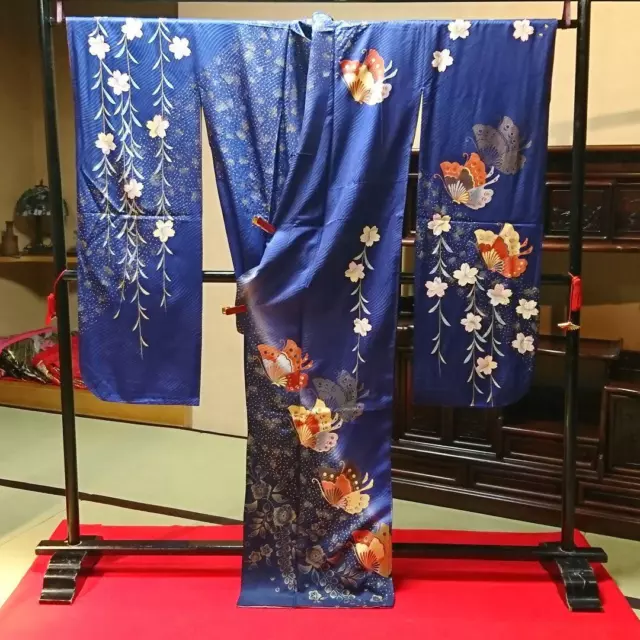 Japanese kimono antique dark blue leaf butterfly wide furisode #32