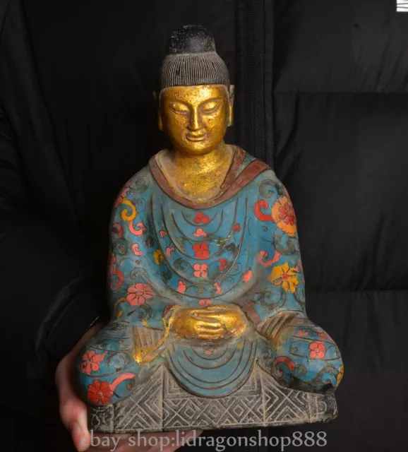 10" Old Chinese Bronze Cloisonne Buddhism Shakyamuni Amitabha Buddha Statue