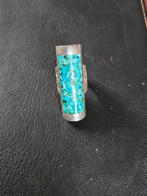 Vintage Sterling Silver Turquoise Big Women's Heavy Elongated Ring