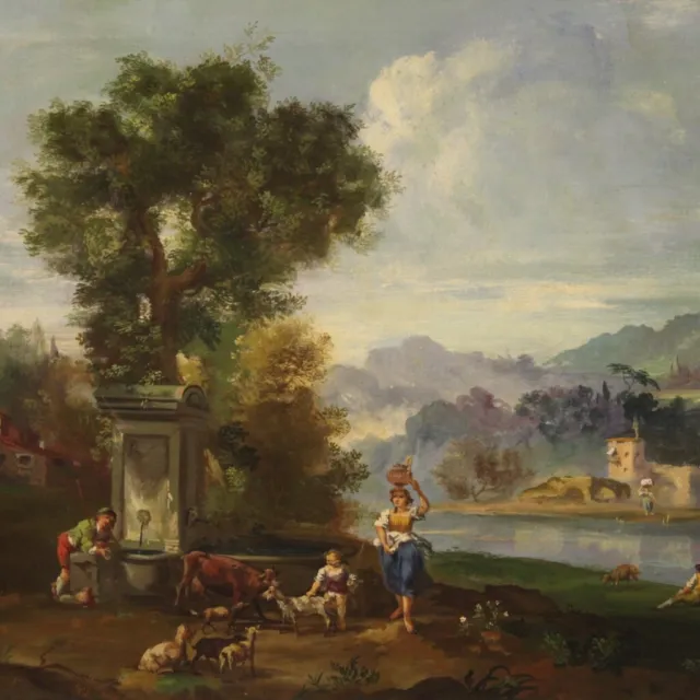 Pintura paisaje figuras óleo sobre lienzo estilo antiguo cuadro marco siglo XX