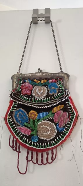 Antique IROQUOIS BEADED FLAP BAG Pouch Native American Indian Vintage 7"