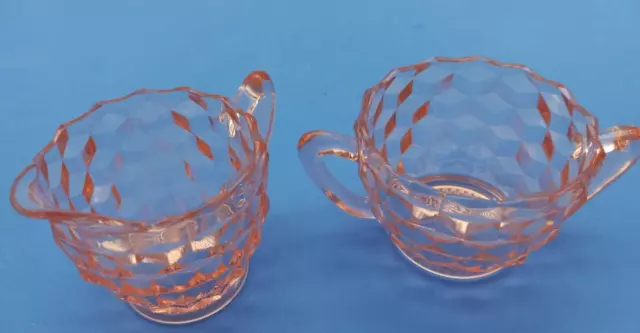 Vintage Depression Glass Creamer and Sugar Jeannette Cube Cubist Pattern Pink