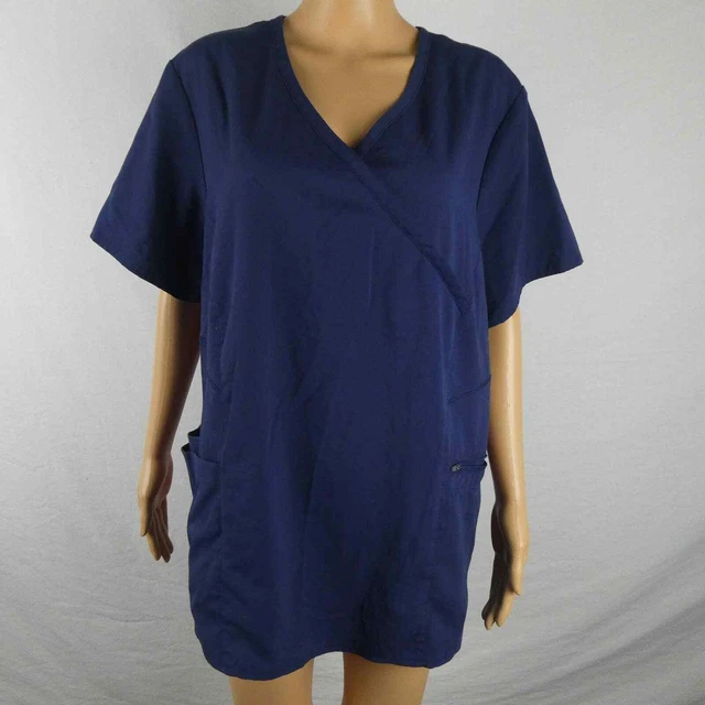 Barco Grey's Anatomy Faux Wrap Scrub Top Three Pocket Zip Plus Size 2XL Blue