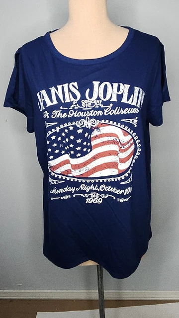 Women's Janis Joplin 2XL T Shirt Houston Coliseum 1969 Concert Blue America NEW