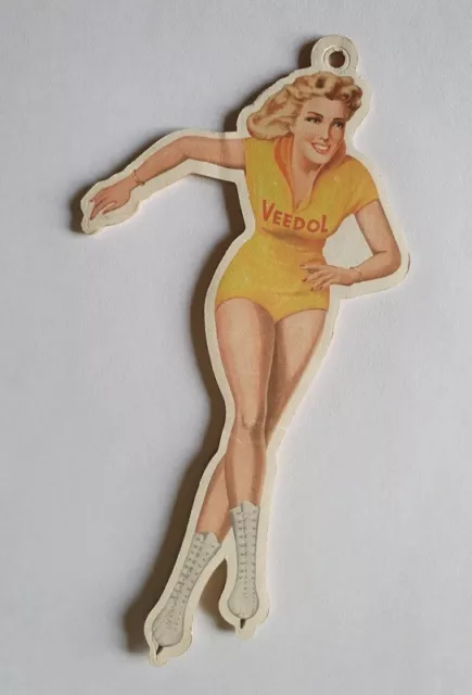Vintage Veedol Werbe Figur Schild Schlittschuhläuferin Pin up Pappe Oldtimer