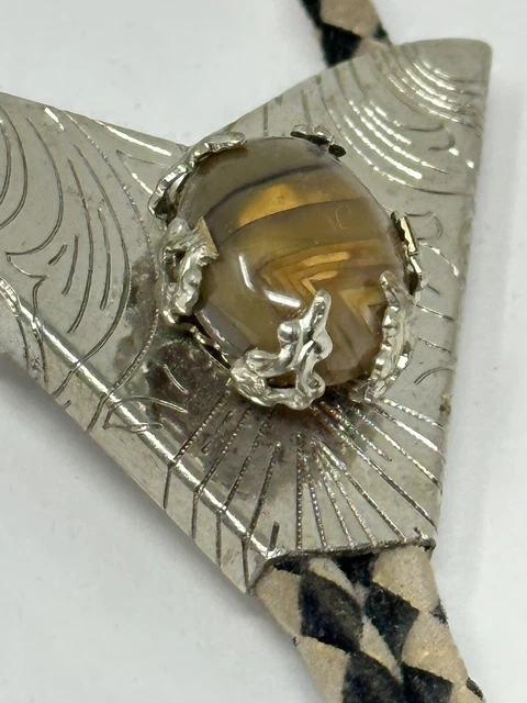 Bolo Tie With Brown Colored Stone, Silver Tone Detailed Clip,￼ Braided ￼Cord!