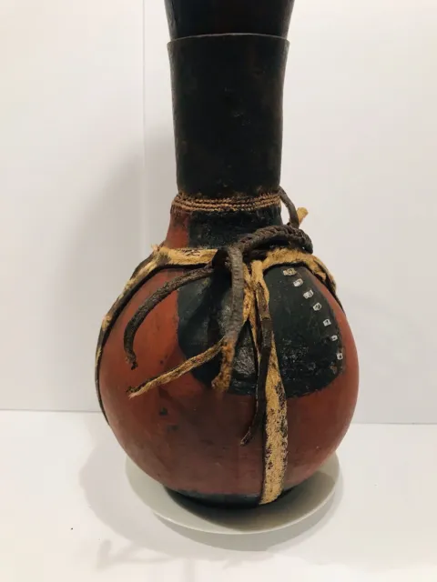 Vintage Wooden and Leather Lidded Milk Vessel From Congo Africa 19”