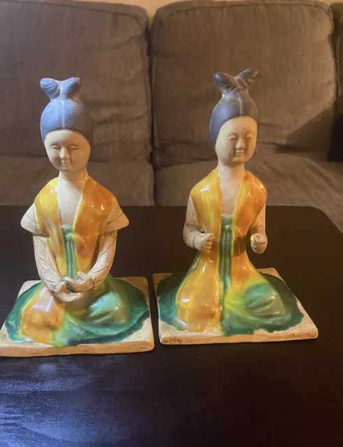 Vtg 2 Tang Chinese Clay Pottery Lady Musician Statues w/ Yellow Sancai Glazes