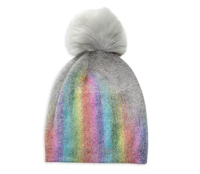 ADRIENNE LANDAU Womens Hat Gray Beanie Metallic Rainbow Faux Fur Pom Pom $95