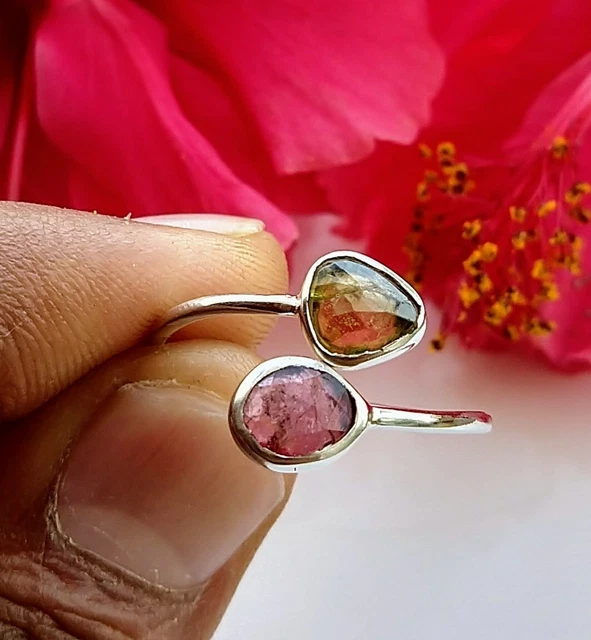 925 Sterling Silver  Natural Pink Green Tourmaline Gemstone Adj. Ring Size 9.5