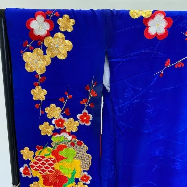 Furisode Color Uchikake VINTAGE Japanese Kimono Silk blue classic 1641 2