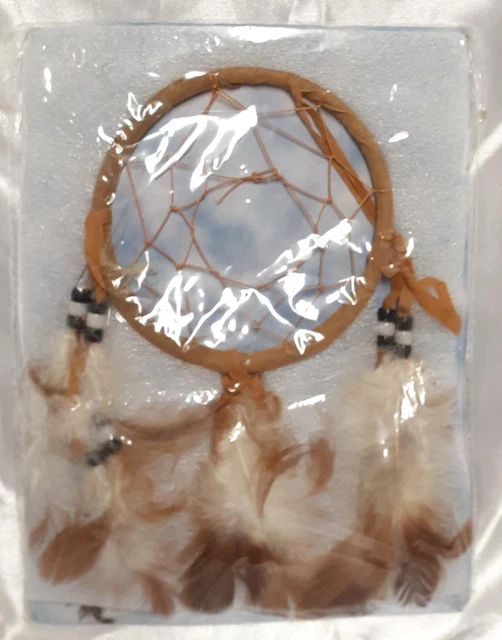 Small Dream Catcher with Legend New Brown White Beaded Feathers