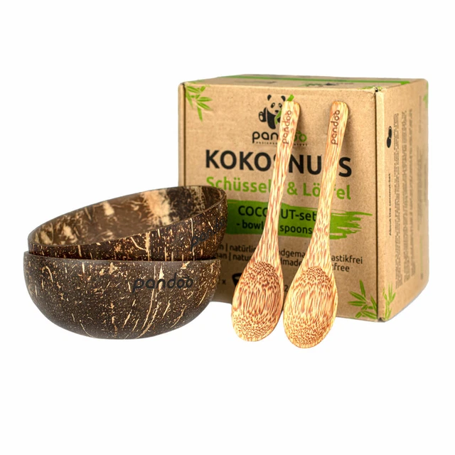 pandoo Kokosnuss Schalen 2er Set mit Löffeln | 100% Naturprodukt | Smoothie Bowl