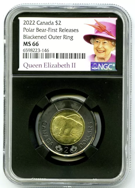 2022 Canada $2 Black Ring Ngc Ms66 First Release Queen Elizabeth Toonie Fm Roll!